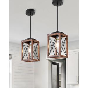 DEWENWILS 2 Pack Farmhouse Pendant Light, Metal Hanging Light Fixture with Wooden Grain Finish, 48 Inch Adjustable Pipes for Flat and Slop Ceiling, Kitchen Island, Bedroom, Dining Hall, ETL Listed