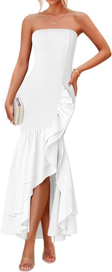 ZESICA Women's 2025 Summer Strapless Bodycon Maxi Dress Ribbed Sexy High Split Mermaid Prom Party Dresses (White, L)