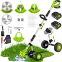 20000 RPM Electric Weed Wacker Cordless, 4-in-1 Weed Eater Cordless with Battery Powered, Lawn Mower/Grass Trimmer/Lawn Edger with 3 Types Blades, Battery Weed Wacker with Wheels (2 Battery, Green) (Yellow)