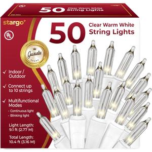 Clear Warm White Christmas Lights - 9 ft String of 50 Incandescent Mini Bulbs Multifunctional Lighting Modes, for Decorative, Bedroom, Outdoor, Xmas Twinkle Tree Lights with White Wire Total 10.4 ft