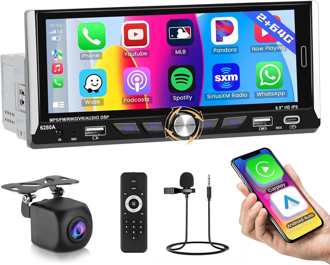 Upgrade Android 13-2+64G 6.9 Inch Single Din Car Radio Wireless Carplay,Hikity 1280 * 480 IPS Android Auto Touch Screen Bluetooth, 1 Din Car Stereo GPS WiFi EQ FM RDS SWC USB/Type-C Backup Cam