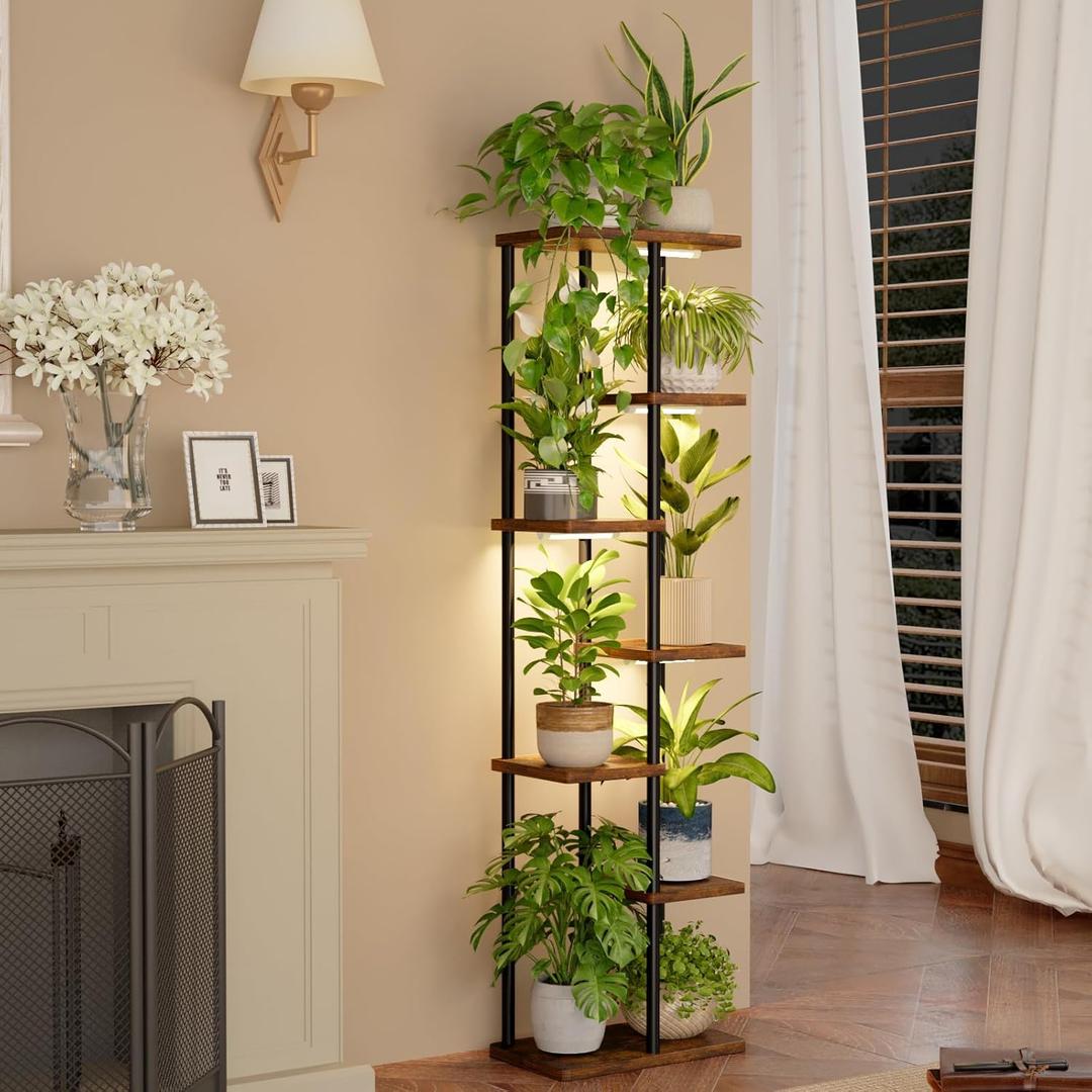 Bamworld Plant Stand with Grow Light for Indoor Plants Corner 7 Tier Metal Plant Shelf Wood Flower Stand for Home Living Room Decor Patio Decor
