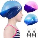 2 Pack Kids Swim Caps for Long/Short Hair, Unisex Silicone Swimming Cap for Age 3-15 Children Toddler Youth Teen, Waterproof Shower Cap Bathing Hats for Girls Boys with Ear Plugs & Nose Clip-14