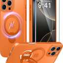 FNTCASE for iPhone 16 Pro-Max Case: [360 Spin Magnetic Stand] [Compatible with Magsafe] [Screen Protector] Translucent Matte Military Grade Shockproof Full Camera Protective Phone Cover - Orange