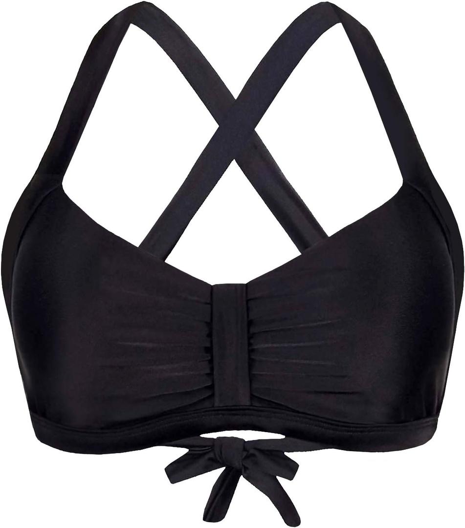 Women's Retro Printed Adjustable Thick Straps Cross Back Push Up Vintage Bikini Swimsuit Tops Only (14, Black)