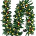 9FT Christmas Garland with 50 LED Lights, Artificial Xmas Greenery Garland with Pine Cones Red Berries Lush Branches,Christmas Decor Mantle Fireplace Indoor Outdoor Home Xmas Decoration