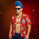 JenPen 4 Pcs Halloween Men's Anime Cosplay Set Including Blue Wig, Shirt, Necklaces and Sunglasses for Robotic Punk Costume (X-Large)