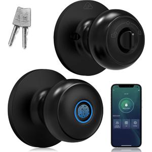 GeekTale Fingerprint Door Lock, Smart Lock Door Knob with App, Biometric Door Lock, Thumbprint Door Knob, Smart Fingerprint Door Knob for Bedroom, Office, Apartment (Matte Black)