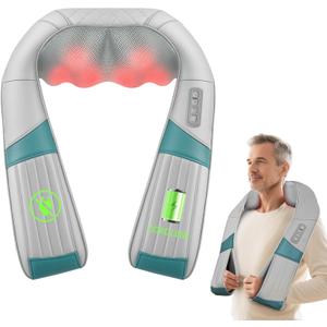 Cordless Neck Massager with Heat, Rechargeable Shiatsu Neck Back Massager for Pain Relief Deep Tissue, 4D Knead Shoulder Massager Pillow, with Portable Carry Bag, Gifts/Presents for Mom, Dad (Grey Green)