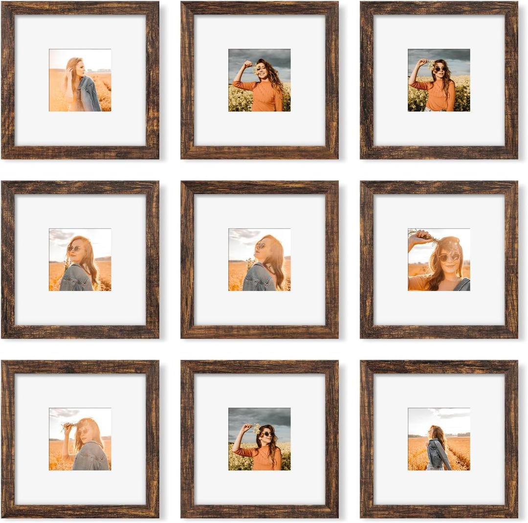 8x8 Picture Frame Set of 9, Photo Gallery Wall Frame Set, Display Pictures 4x4 with Mat or 8 x 8 Without Mat, Square Frame Picture Frames Collage Wall Decor, Rustic Brown