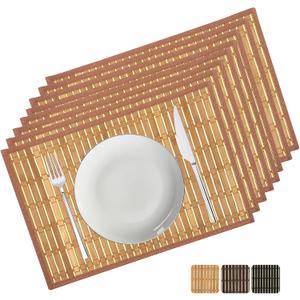 Bamboo Placemats Set of 8, 17.7x11.8 Inch with Brown Fabric Border - Non-Slip & Heat Resistant, Stain-Resistant Japanese Style Table Mats for Dining Room, Kitchen DecorCoffee