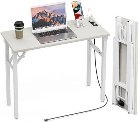 TEMI Small Computer Desk Folding Table - No Assembly, Compact 35.8" Foldable Desk with Power Outlets & USB Charging Port, Portable Small Office Desk, Ideal Mini Study Table for Narrow Spaces,White Ash 