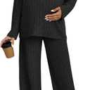 MakeMeChic Women's Maternity 2 Piece Outfits Lounge Set Ribbed Knit Long Sleeve Hoodie and Pants Pregnancy Set (Black) Small