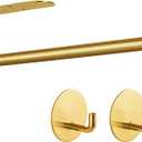 Paper Towel Holder with 2 Hooks-Under Cabinet Paper Towel Holder for Kitchen, Self-Adhesive or Screws, Space Saving Wall Mounted Kitchen Roll Holder, Bathroom, Stainless Steel Brushed Gold