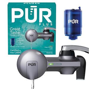 PUR Plus Horizontal Faucet Mount Filtration System with 3-in-1 Lead Reducing Filter, Water Filter for Sink, Lasts 100 Gallons, Compatible with Sinks with External Aerators, Metallic Grey
