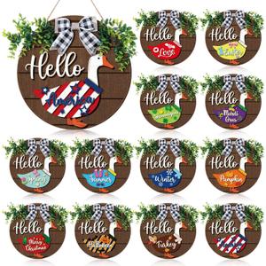 Weysat 13 Pcs Interchangeable Wooden Goose Decor, 11.8 Inch Holiday Seasonal Welcome Changeable Hello Geese Signs Rustic Farmhouse Front Door Round Wreaths Hanging Decorations for Porch Home Outdoor
