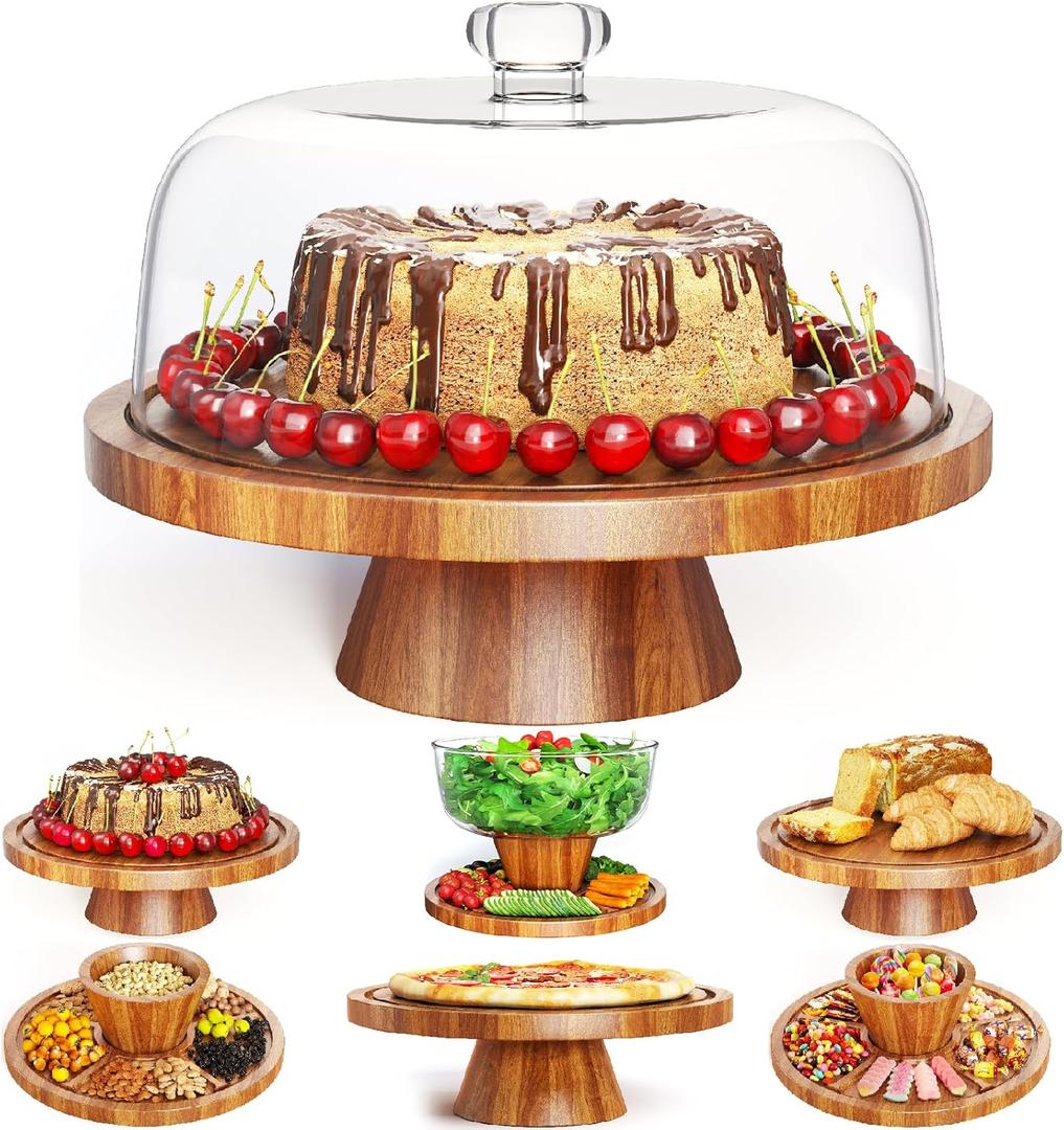 Acacia Wood Cake Stand with Lid - 12in Round Cake Holder, 2-in-1 Dessert Table Display Set & Charcuterie Board for Cheese, Chips & Dips, Nachos, Fruit Platter, Large Acrylic Cake Dome Cover