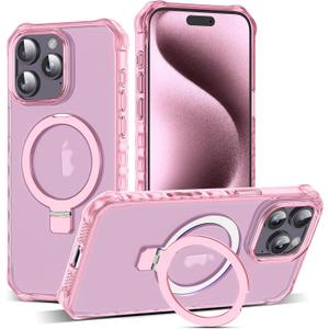 for iPhone 15 Pro Case with Magnetic Stand [Compatible with Mag-Safe] [Military Drop Tested] Translucent Matte 15 Pro Cover with Good Grip Curly Wave Edge for Women 6.1'', Pink
