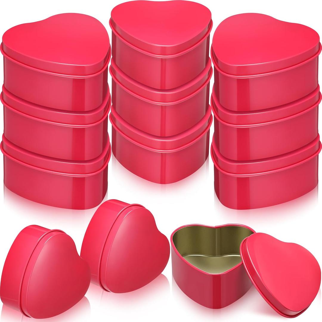 Moxweyeni 12 Pieces Valentine‘s Day Heart Shaped Metal Tins Box with Lids Valentine‘s Day Candy Boxes Cookie Biscuits Jar Empty Tin Box for Candies Treasures Cookies Kitchen Wedding Parties(Red)