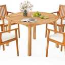 Tangkula 5 Pieces Wood Round Patio Dining Set, Outdoor Acacia Table and Chairs with Umbrella Hole and Soft Cushions, Outside Furniture Set for Deck, Garden and Backyard