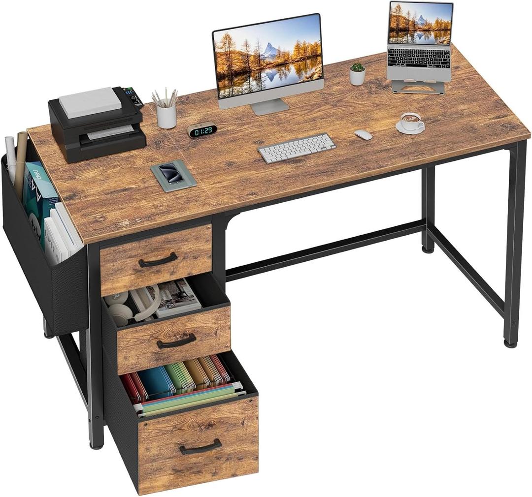Lufeiya Computer Desk with Fabric File Drawers Cabinet, 55 Inch Reversible Home Office Desks with Filing Cabinet for Small Space, Study Writing Table PC Desks with Storage for Bedroom, Rustic Brown (54.6")