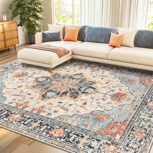 Area Rugs 8'x10' Washable Non-Slip, Floral Vintage Distress Print Pattern Medallion Carpet for Living Room Bedroom Dining Room, Beige Navy Blue Orange Colorful (8x10, Beige/Blue/Orange)