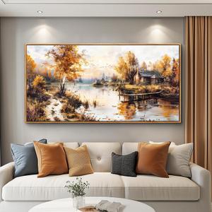 QIYILEXWART Canvas Wall Art For Living Room Wall Decor For Bedroom Office Wall Decoration Lakeside Cabins Autumn Landscape Painting Farmhouse Pictures Artwork Room Aesthetic Home Decor 20x40 In