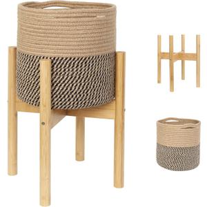 Plant Basket with Stand, Indoor Round Wicker Basket Plant with Bamboo Wood Stand, Decorative Woven Rope Flower Indoor Planter with Legs, Boho Bamboo Wood Planter Holder (Jute Black Stripes)