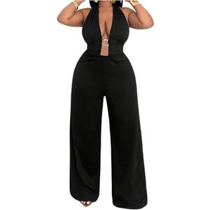Women's Plus Size Deep V Neck Halter Jumpsuit Elegant Tie Backless Wide Leg Rompers Date Night Outfit (Black, XXL)
