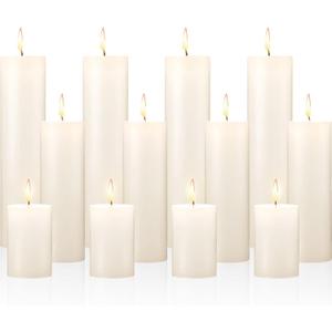 Nuogo 12 pcs Ivory Pillar Candles Dripless Unscented Candles Paraffin Wax Tall Tapers for Wedding Spa Birthday Holiday Bath Party Restaurant Home