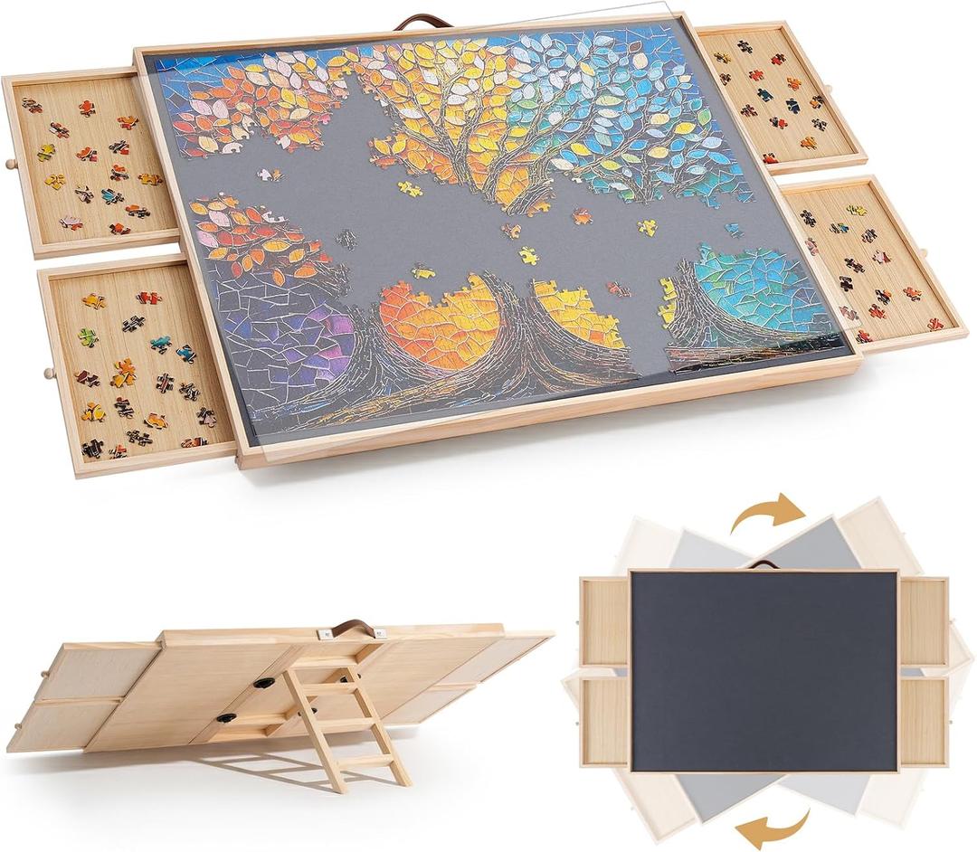 TEAKMAMA 2-in-1 Rotating & Tilting Puzzle Board with 4 Drawers, Portable 1500 Pieces Jigsaw Puzzle Table (34.2" x 26.3") for Adults, Includes Protective Cover, Natural, 1500pc