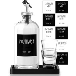 Glass Mouthwash Dispenser for Bathroom, 16 OZ Mouth Wash Bottle Container with Pour Spout & Reusable Mouthwash Cups & Wood Tray & Labels, Black Kitchen Bathroom Decor and Accessories
