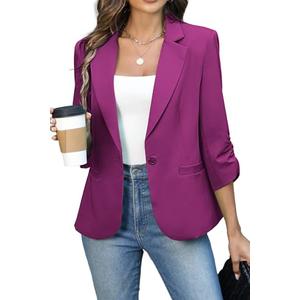 ELLEVEN Womens Blazer Business Casual Suit Jacket Slim Fit Fitted Ruched 3/4 Sleeve Petite Crop Blazer Dressy Full Lining Lightweight Outfits Coat Cardigan with Padded Shoulder Rose Red Size Medium