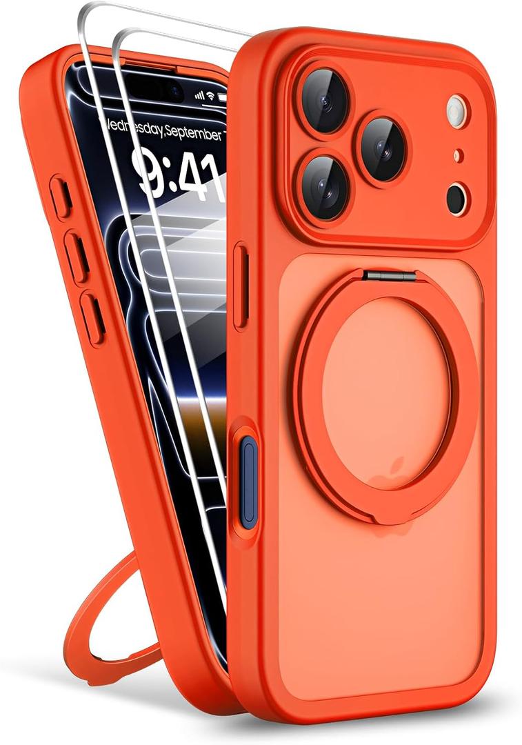 Magnetic for iPhone 17 Pro Max Case 2 x Screen Protector Compatible with MagSafe Translucent Matte Military Grade 17FT Drop Shockproof Full Camera Protection 360 Spin Stand Phone Cover Orange