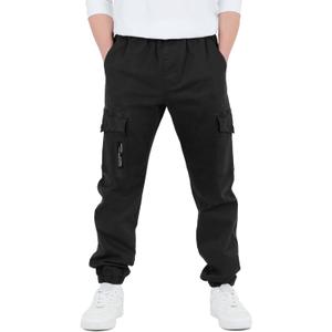 CAMLAKEE Boys Cargo Pants Stretch Elastic Waist School Kids Twill Joggers (14-16 Years, Black)