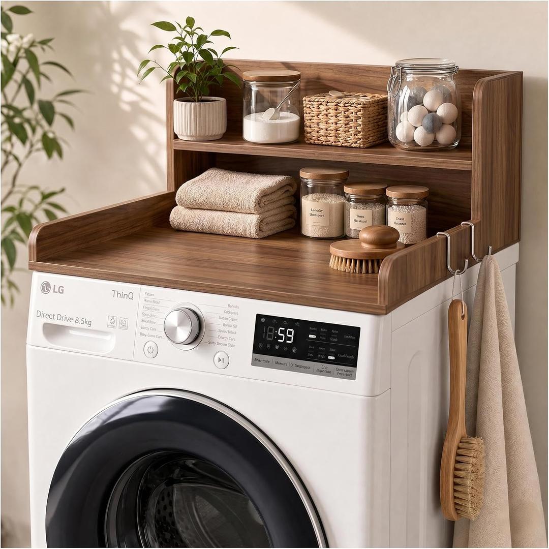 2-Tier Washer Dryer Countertop with Shelves & Metal Hooks, 28" W x 27.5" D Large Laundry Topper for Room Organization & Folding Clothes & Storage(Oak)
