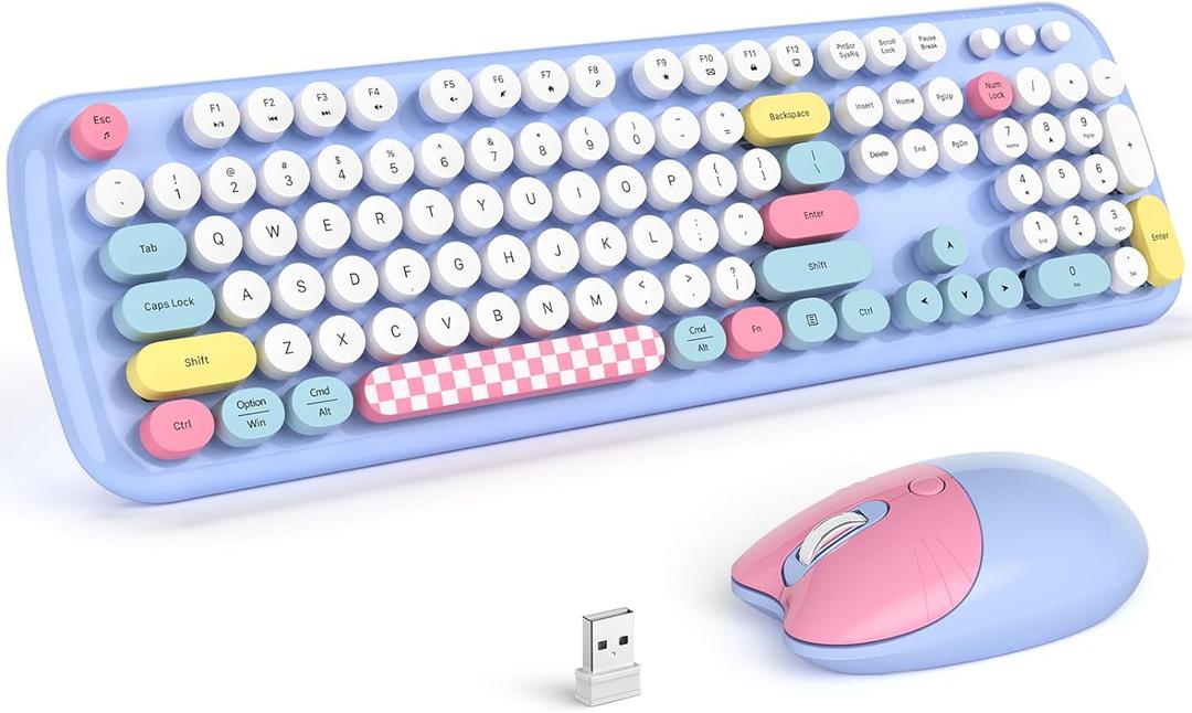Wireless Keyboard and Mouse Combo, 2.4G Retro Typewriter Keyboard with Number Pad and Cute Ambidextrous Wireless Mouse for Computer Laptop (Light Blue Colorful)