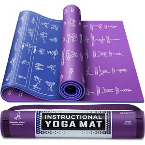 Instructional Yoga Mat with Carrying Strap: Cute Yoga Mat with 75 Illustrated Yoga Poses + 75 Easily-Followed Stretching Exercises - 1/4 Thick, Non-Toxic, Non-Slip Yoga Mats for Women and Men (Blue/Purple (68" x 24"))