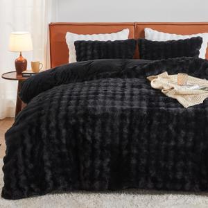 EMME Faux Fur Duvet Cover King Size, 3 Pieces Ultra Soft Fluffy Comforter Cover, Cozy Warm for Winter, Luxury Elegant Shaggy Bubble Design Bedding, 1 Duvet Cover & 2 Pillow Shams (King, Black)