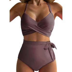 Dokotoo Women's High Waisted Floral Bikini Sets Swimsuit Suit for Women 2025 Tummy Control Bathing Suit Swimwear for Summer (Medium, Chicory Coffee)