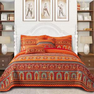 VAPUTAR Cotton Quilt King Size Bedding Set - 3 Pieces King Quilt Bedding Set, Boho King Size Quilts, Lightweight Reversible Coverlets Bedspreads for Farmhouse Bedroom (Red/Orange) (King (98"  106"))