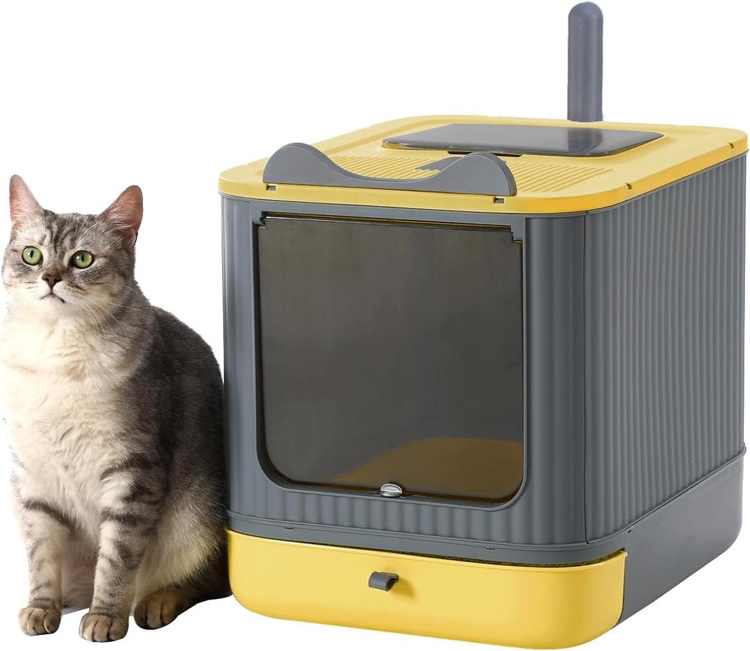 Upgraded Fully Enclosed Cat Litter Box with Lid, Covered Cat Box Enclosure, Anti-Splashing Easy to Clean Kitty Litter Boxes with Drawer, 3 Modes Can Use from Kitten to Adult(Yellow&Grey)
