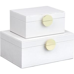 HofferRuffer Faux Leather Jewelry Boxes, Decorative Boxes Storage Accessory Organizer with Gold Hardware Decor, Classic Vegan Leather Set of 2 Pieces (White)