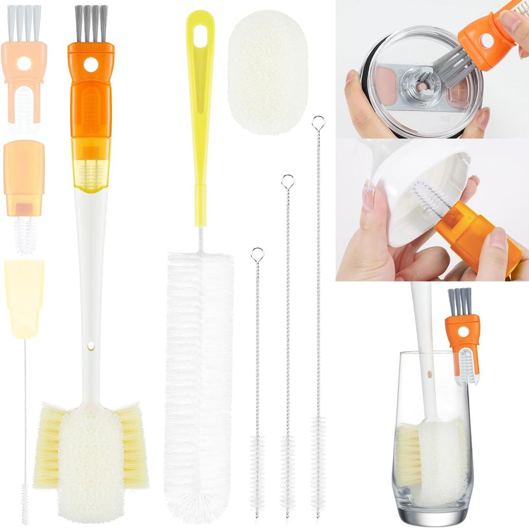 OUTXE 6 Pack Bottle Brush Cleaning Set, 5-in-1 Cup Cleaner Brush | with 3 Straw Brush, 14" Long Handle Bottle Brush& Replecement Sponge, Nipple Detail Brush for Stanley Owala Yeti Lid Gap