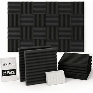 96 Pack Allxinlog Absorb the echo Acoustic Foam Panel Wedge Studio Soundproofing Wall Tiles 12" X 12" X 1"(Accompanied By Double-Sided Adhesive Tape) (96-BLACK)
