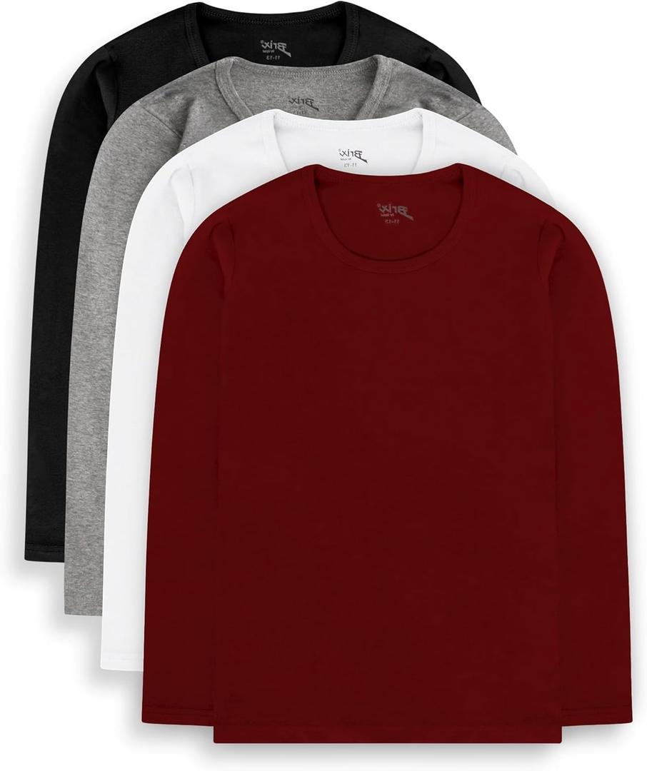 Brix Boys' Long Sleeve Tees - Tagless Crewneck Cotton Soft 4-pk Shirts. 2-20 (11-13 Years, Black, White, Grey, Marron) 11-13 Years Old