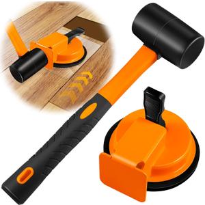 Floor Gap Fixer Tool with Rubber Mallet, Iron Body & Strong Suction Cup, Includes 5 Sticky Pads for Laminate, Vinyl, Wood & Tile Flooring Installation and Repair (Orange)