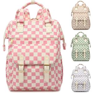 Corduroy Laptop Backpack for Women 15.6 Inch Stylish College School Bookbag, Business Work & Travel Computer Backpacks (Checkered Pink)