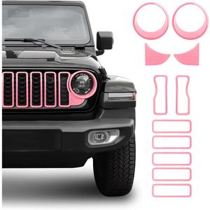 Front Grill Insert+Headlight Turn Light Cover Compatible with 2024-2026+ Jeep Wrangler JL JLU & Gladiator JT Exterior Accessories,Not Fit for JL Sport & Sports (Pink)