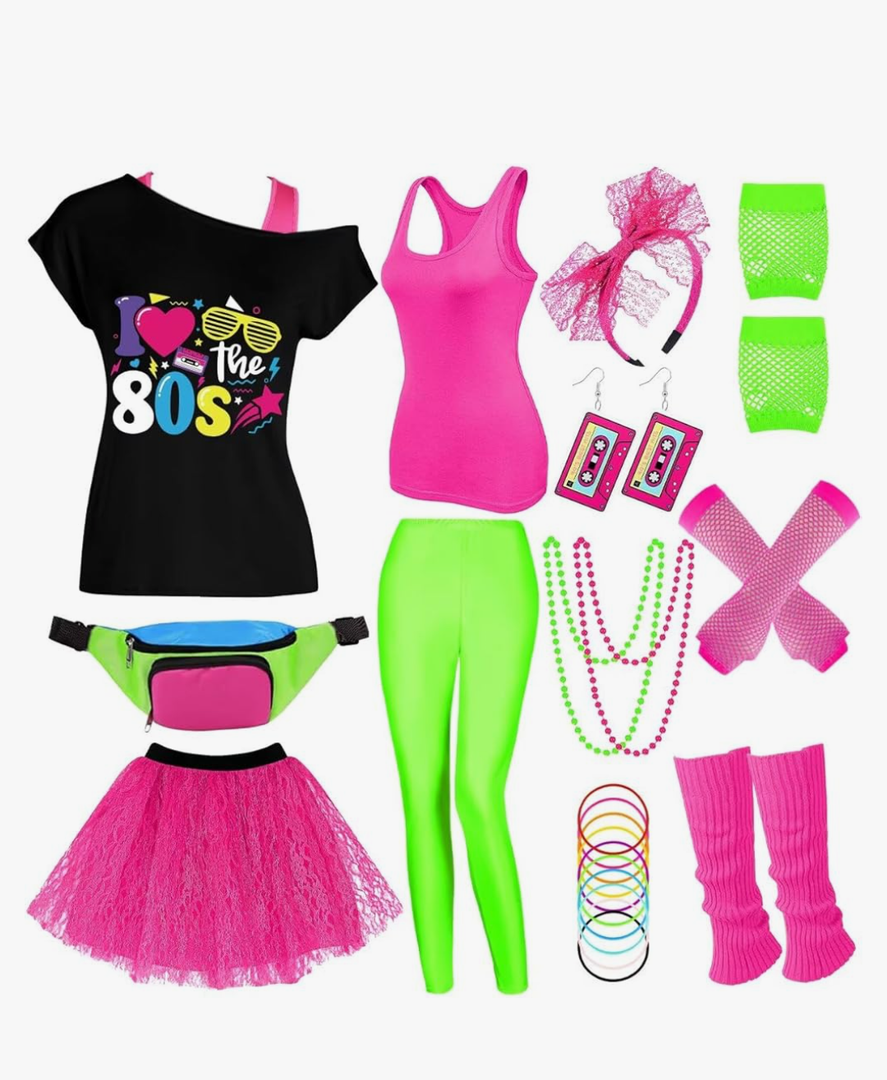 80s Outfit Women Costume Accessories Set, T-Shirt Tank Top Leggings Tutu Skirt Fanny Pack for Halloween, 80s Neon Party Size XXL